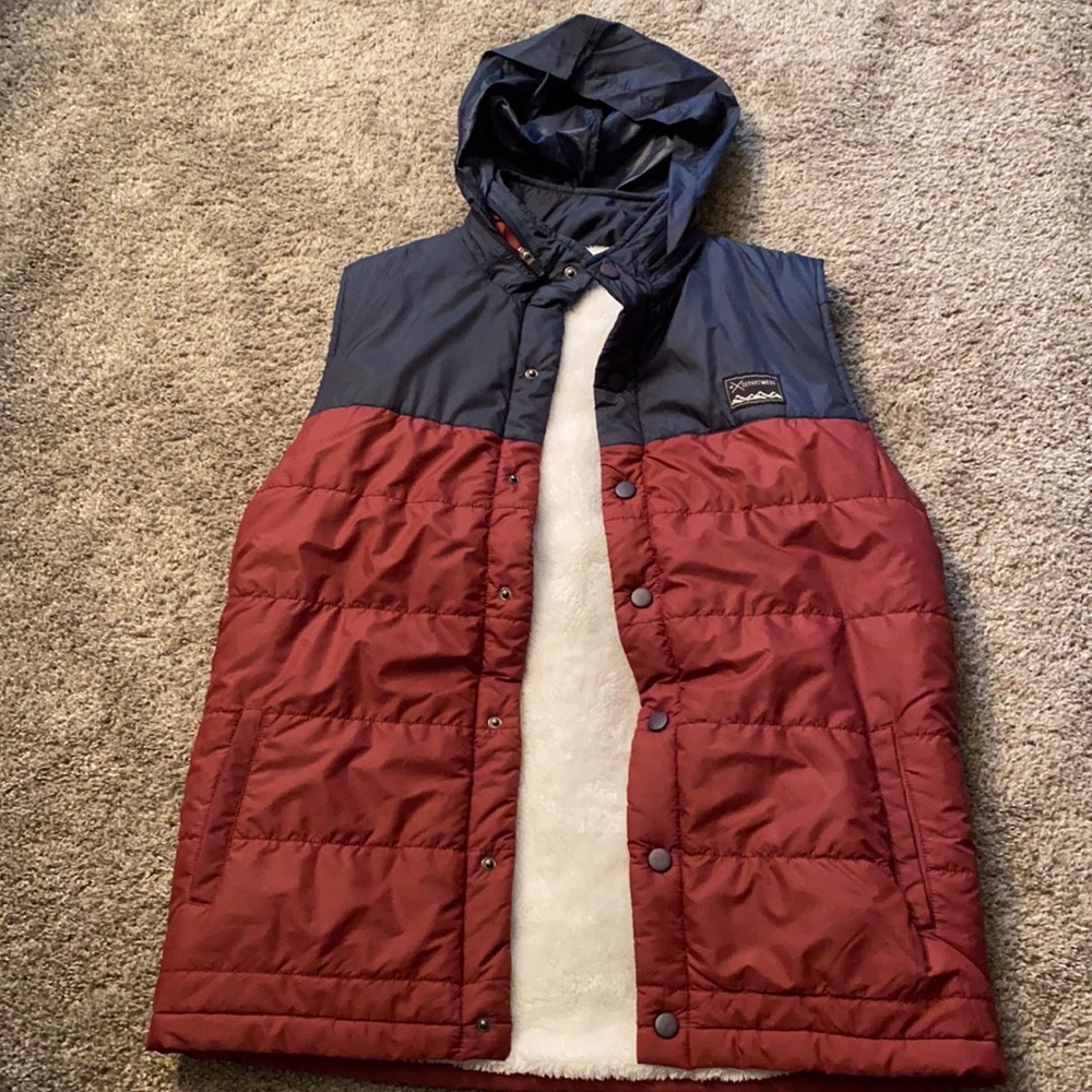 Red and blue hooded vest